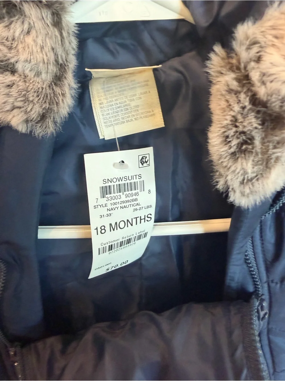 First Impressions Infant Navy Quilted Snowsuit Bunting dual-zipper NWT 18 mo